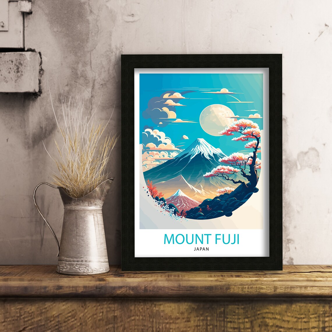 Mount Fuji Japan Cherry Blossom Full Moon Vintage Travel Poster - Image 3