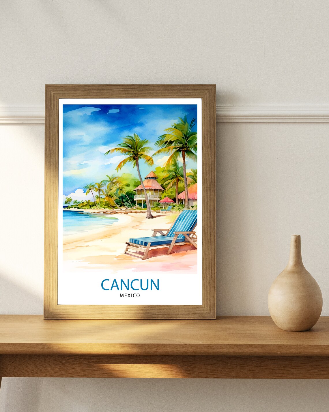 Cancun Mexico Watercolor Palm Beach Lounge Chair Tropical Art Poster - Image 3
