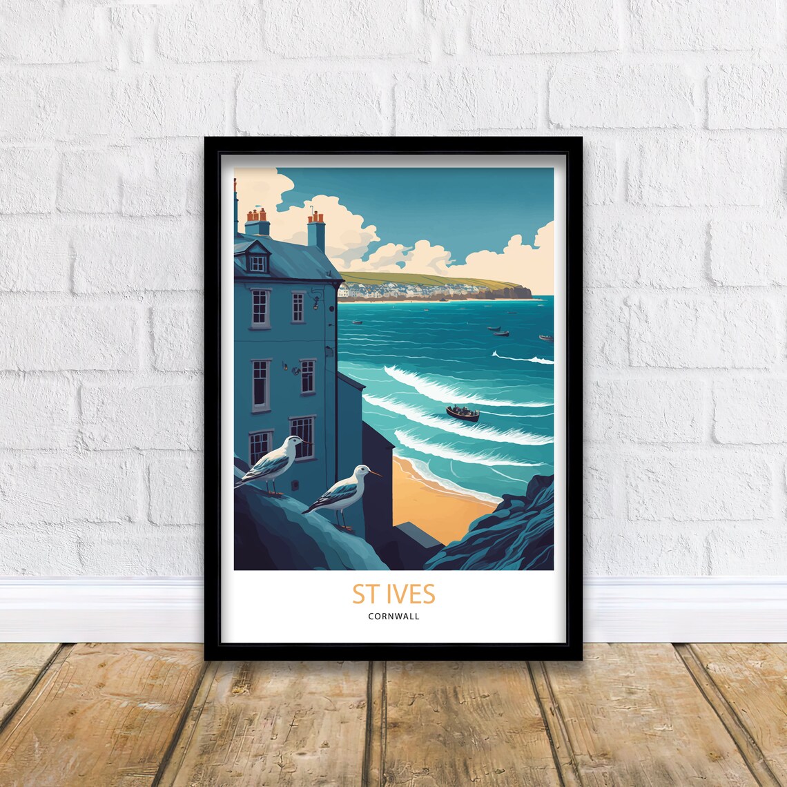 St Ives Cornwall Seaside Town Gulls and Surf Coastal Town Art Poster