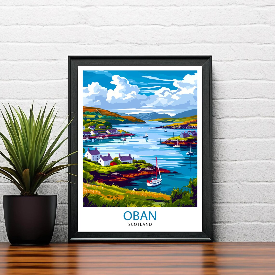 Oban Scotland Picturesque Harbour Bay Sailboats Cottages Art Poster - Image 2