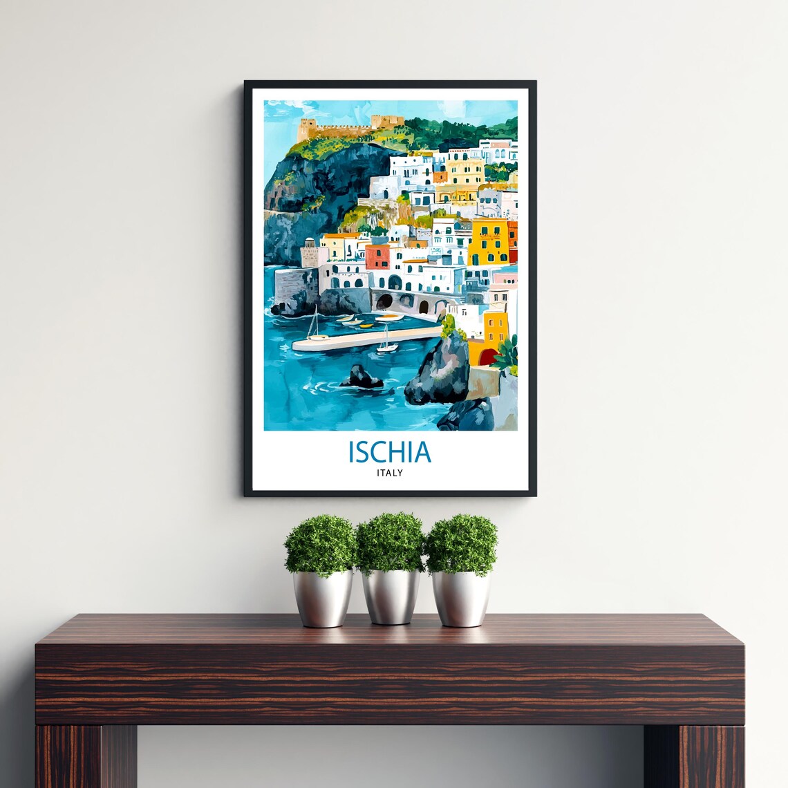 Ischia Italy Harbor Castle Colorful Houses Seaside Town Art Poster - Image 3
