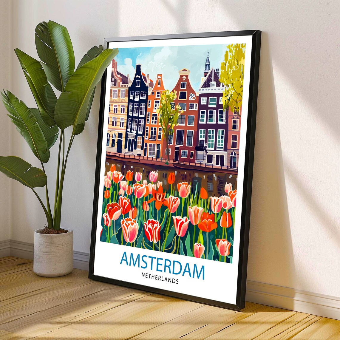 Amsterdam Netherlands Canal Houses Tulip Field Travel Poster - Image 2