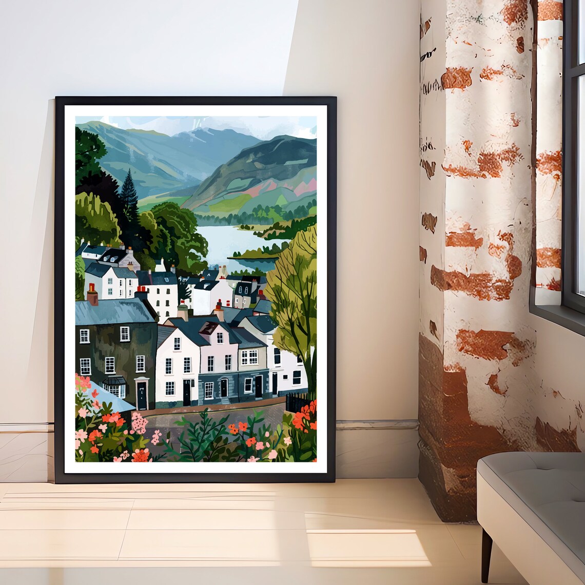 Keswick Lake District Lakeside Village Cottages Hills Poster - Image 3