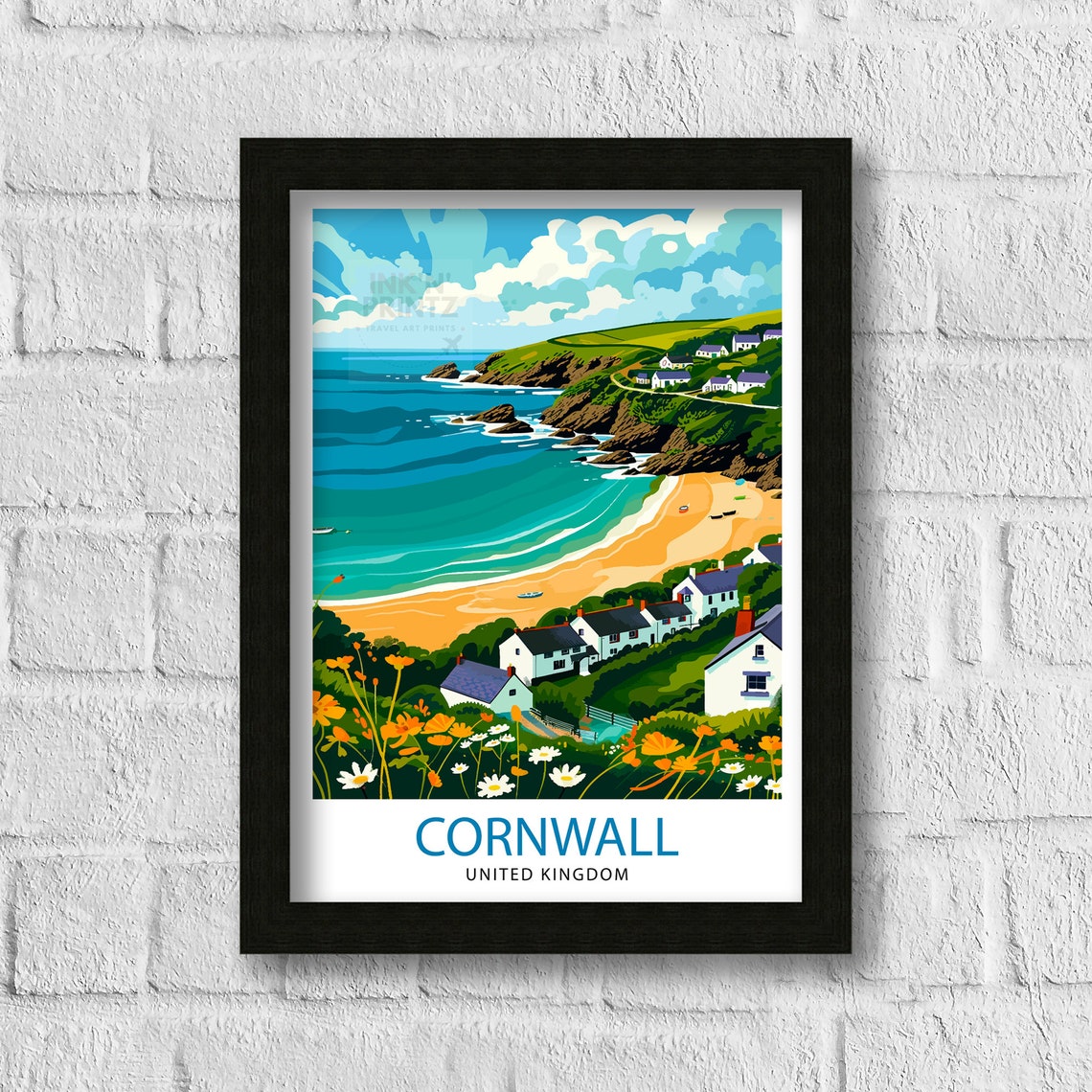 Cornwall United Kingdom Sandy Beach Village Cottages Seaside Poster - Image 3