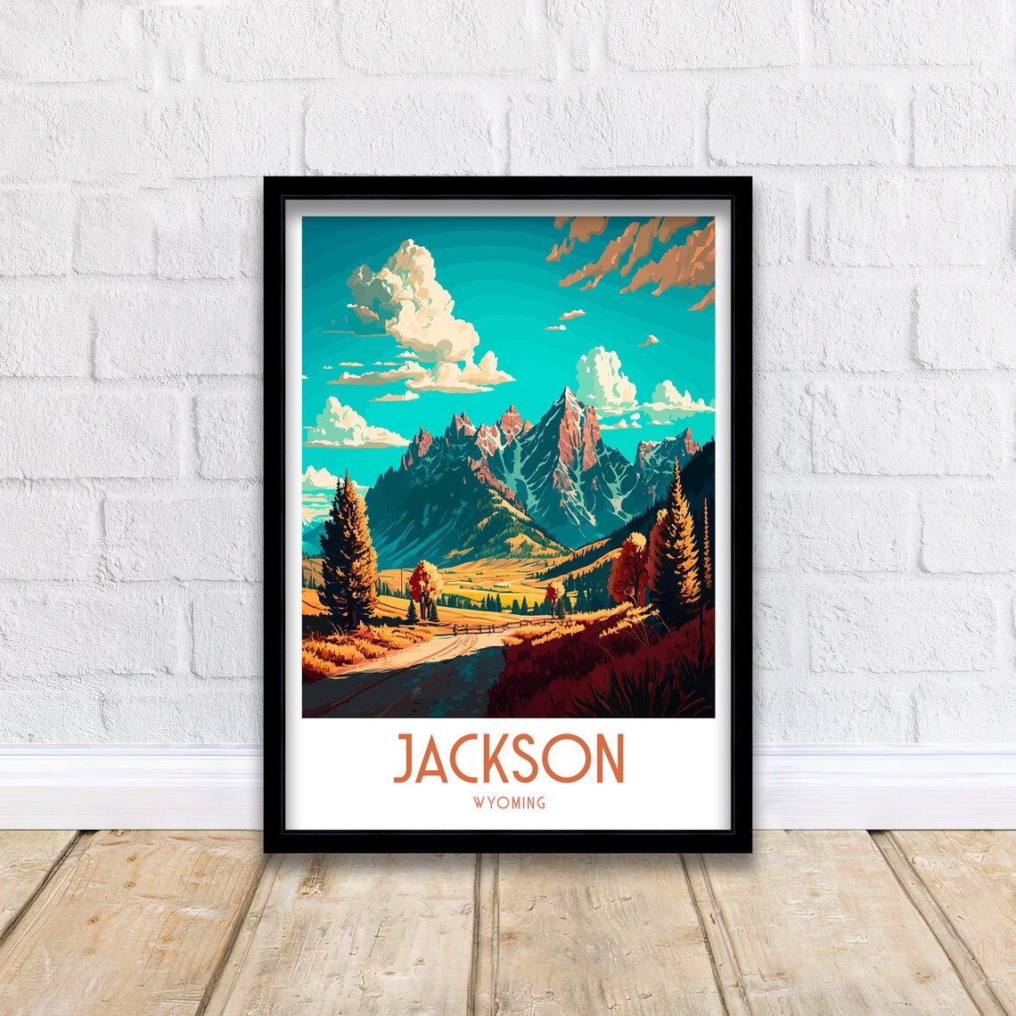 Jackson Wyoming Grand Teton Peaks Autumn Ranch Road Travel Poster - Image 2
