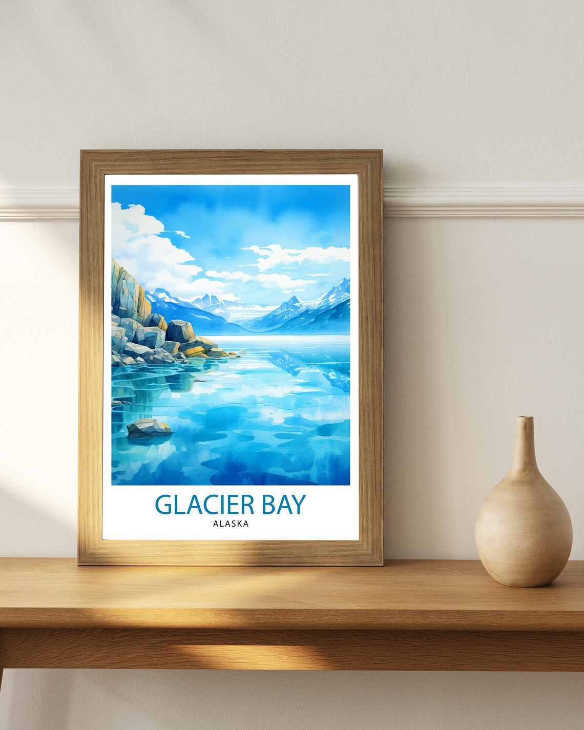 Glacier Bay Alaska Fjord Watercolor Snowy Peaks Mirror Lake Wall Art - Image 3