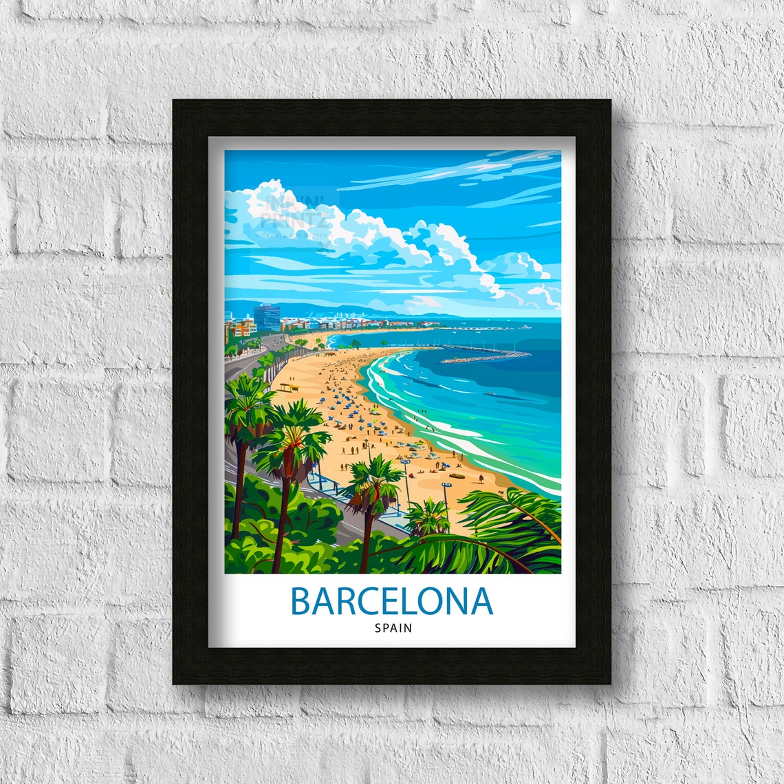 Barcelona Spain Mediterranean Beach Aerial View Travel Art Poster - Image 3