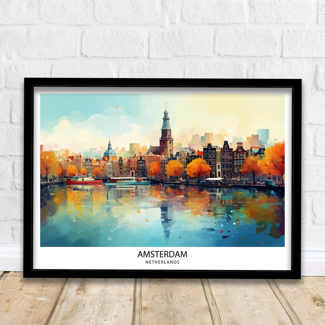 Amsterdam Skyline Canal Houses Watercolor Cityscape Travel Poster
