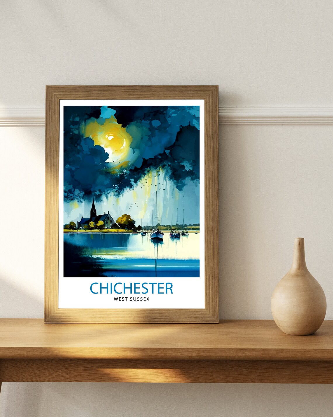 Chichester West Sussex Moody Watercolor Harbour Dusk Art Poster - Image 3