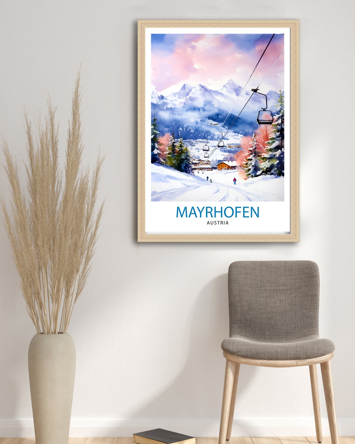 Mayrhofen Austria Ski Resort Gondola Lift Watercolor Alps Poster - Image 3