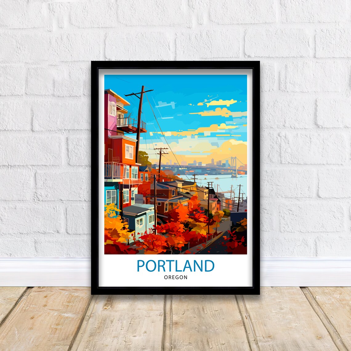 Portland Oregon Colorful Hillside Houses Bridge View City Art Poster - Image 2
