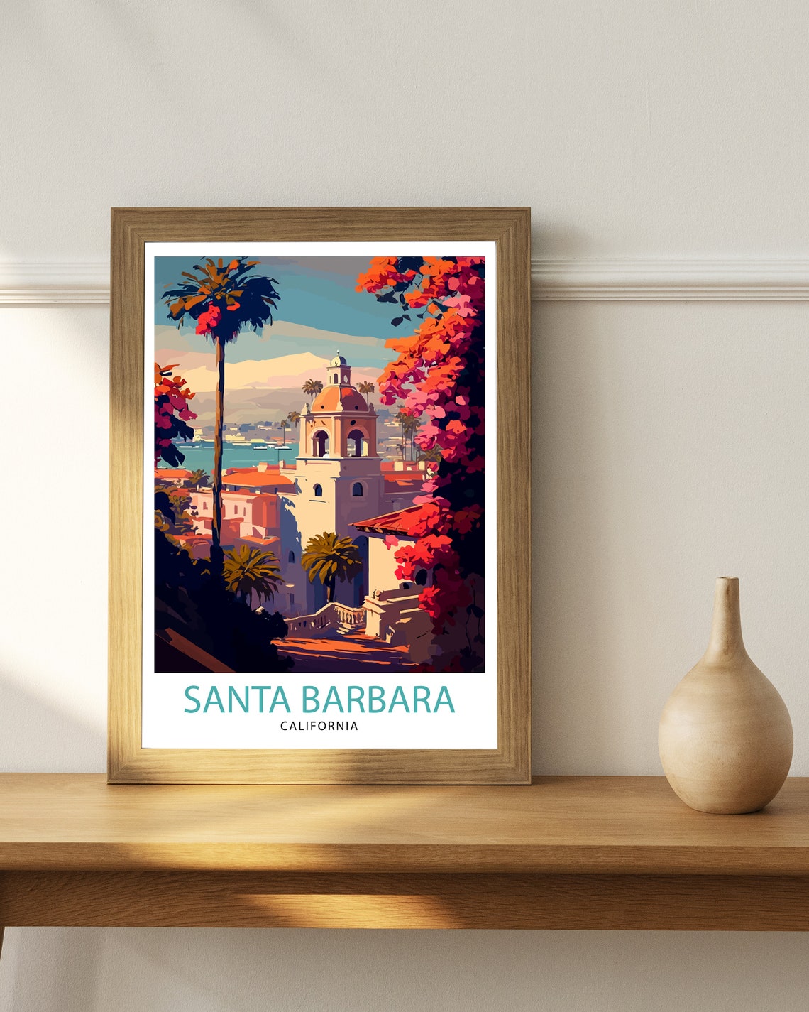 Santa Barbara California Bell Tower Palms Harbor Sunset Poster - Image 3