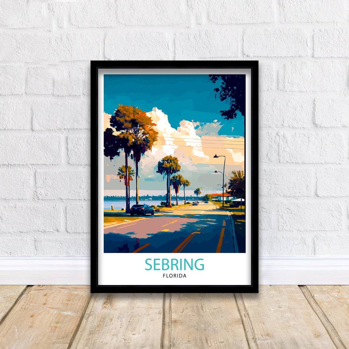Sebring Florida Palm Lined Lakeside Street Sunset Travel Print - Image 2