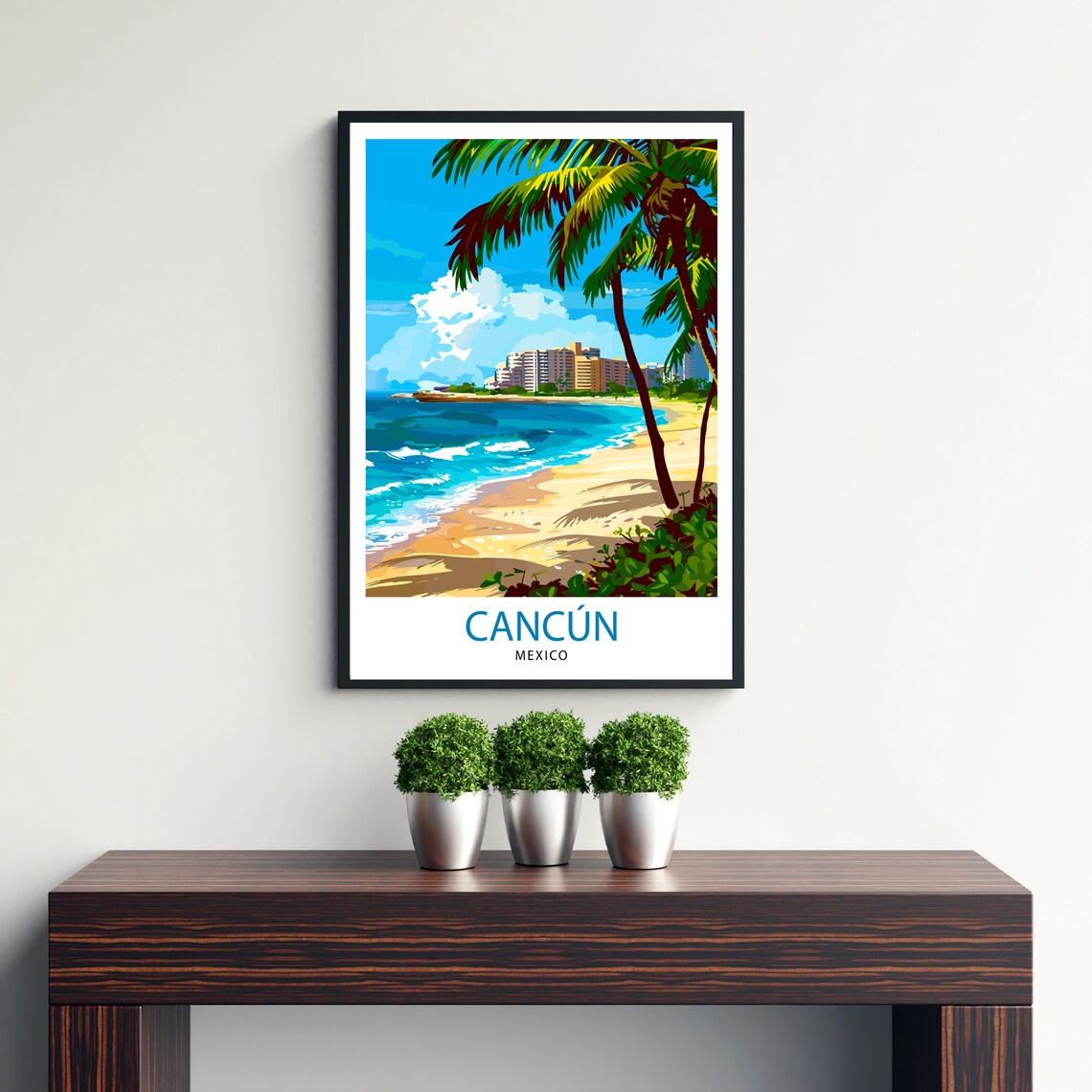 Cancun Mexico Palm Beach Resort Coastline Sunny Vintage Travel Poster - Image 3