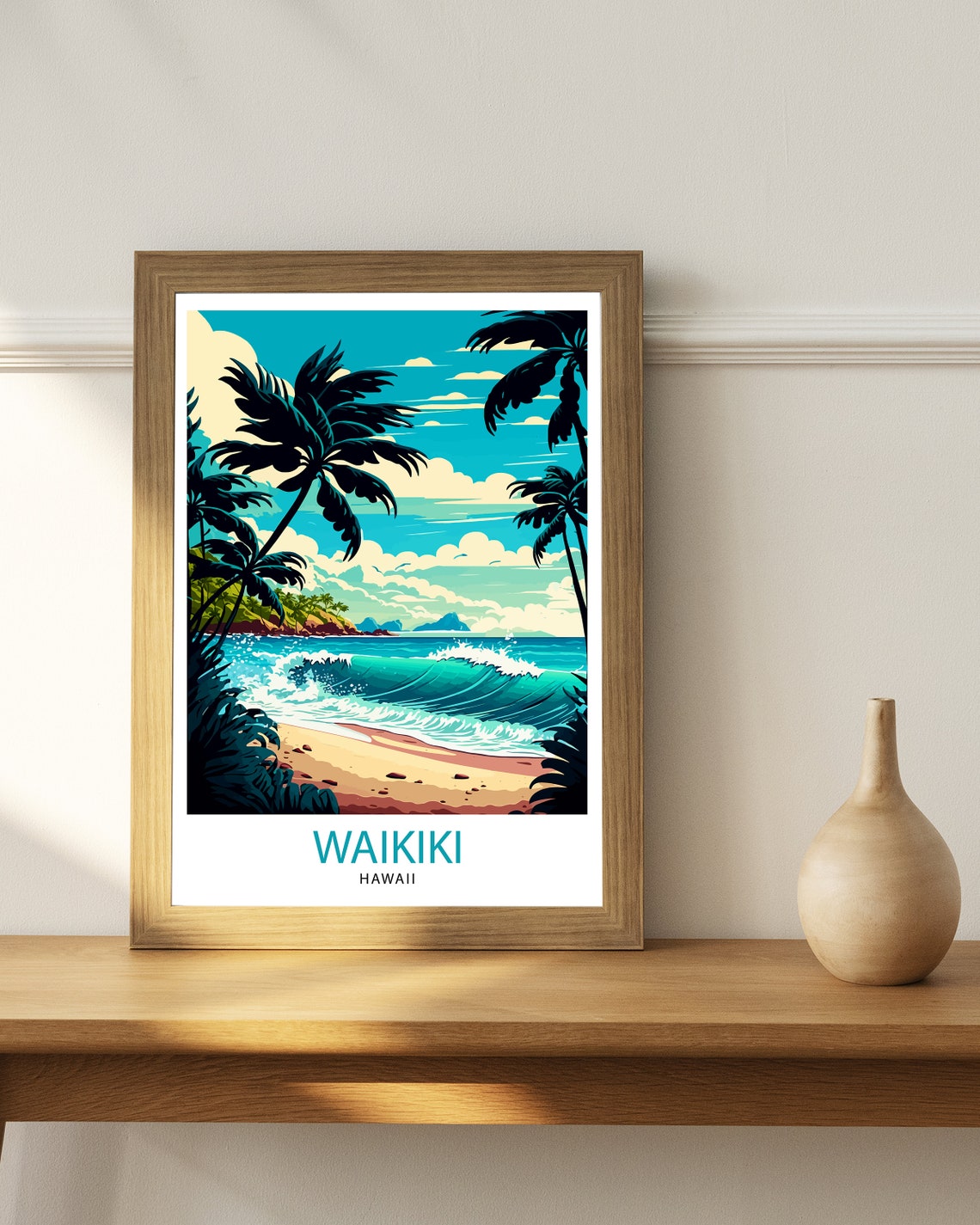 Waikiki Hawaii Beach Palm Trees Surf Waves Retro Travel Poster - Image 2