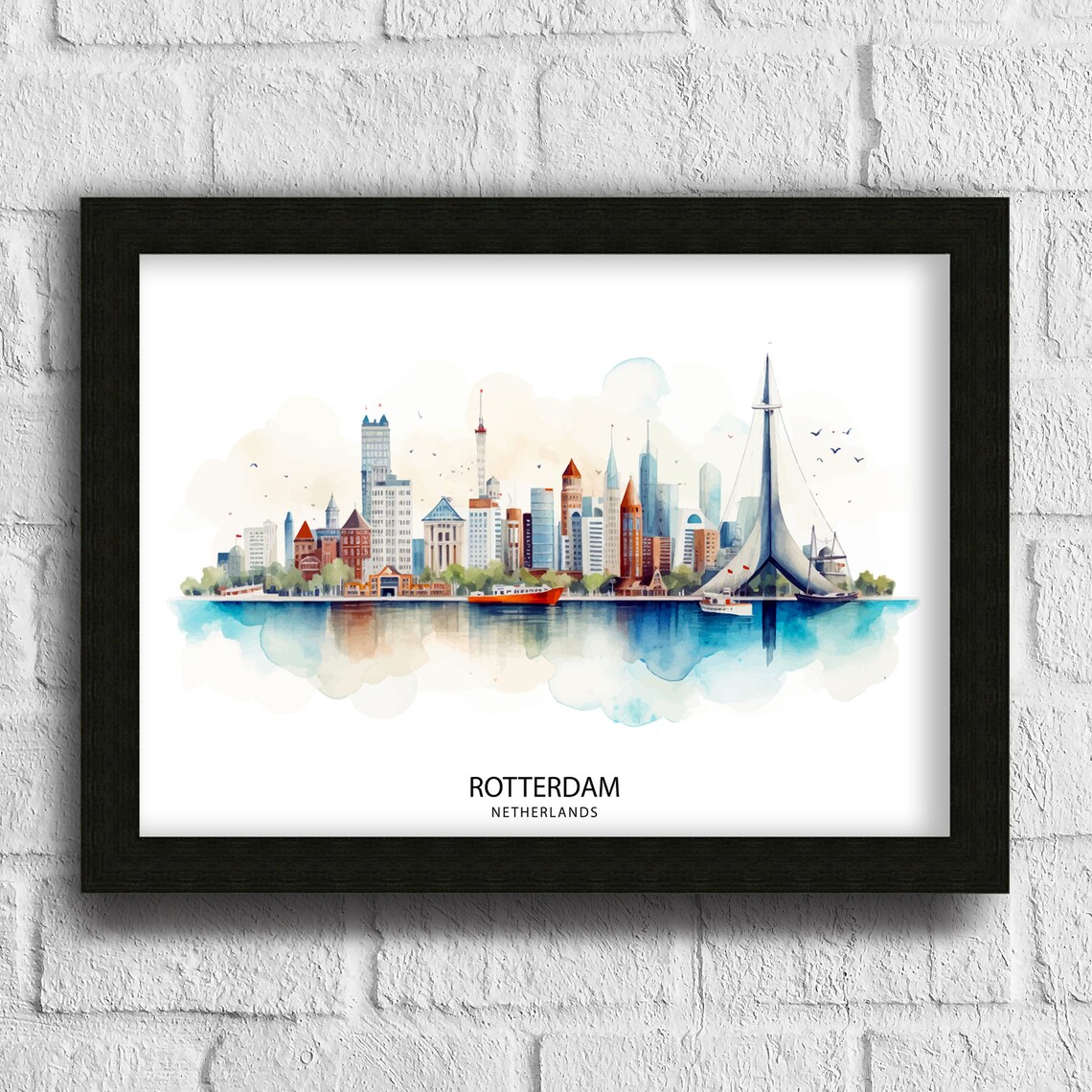 Rotterdam Netherlands Modern Skyline Watercolor Harbor City Travel Poster - Image 3