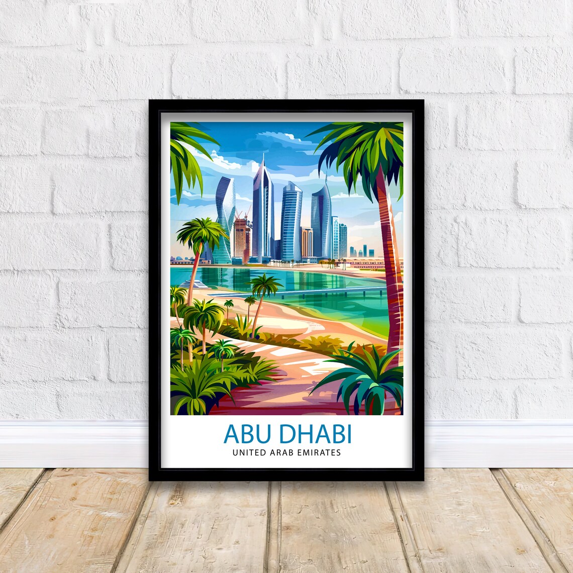 Abu Dhabi UAE City Skyline Beach Palm Trees Modern Travel Poster