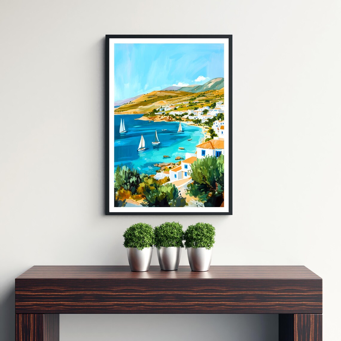 Crete Greece Turquoise Bay Sailboats Coastal Village Scene Poster - Image 3