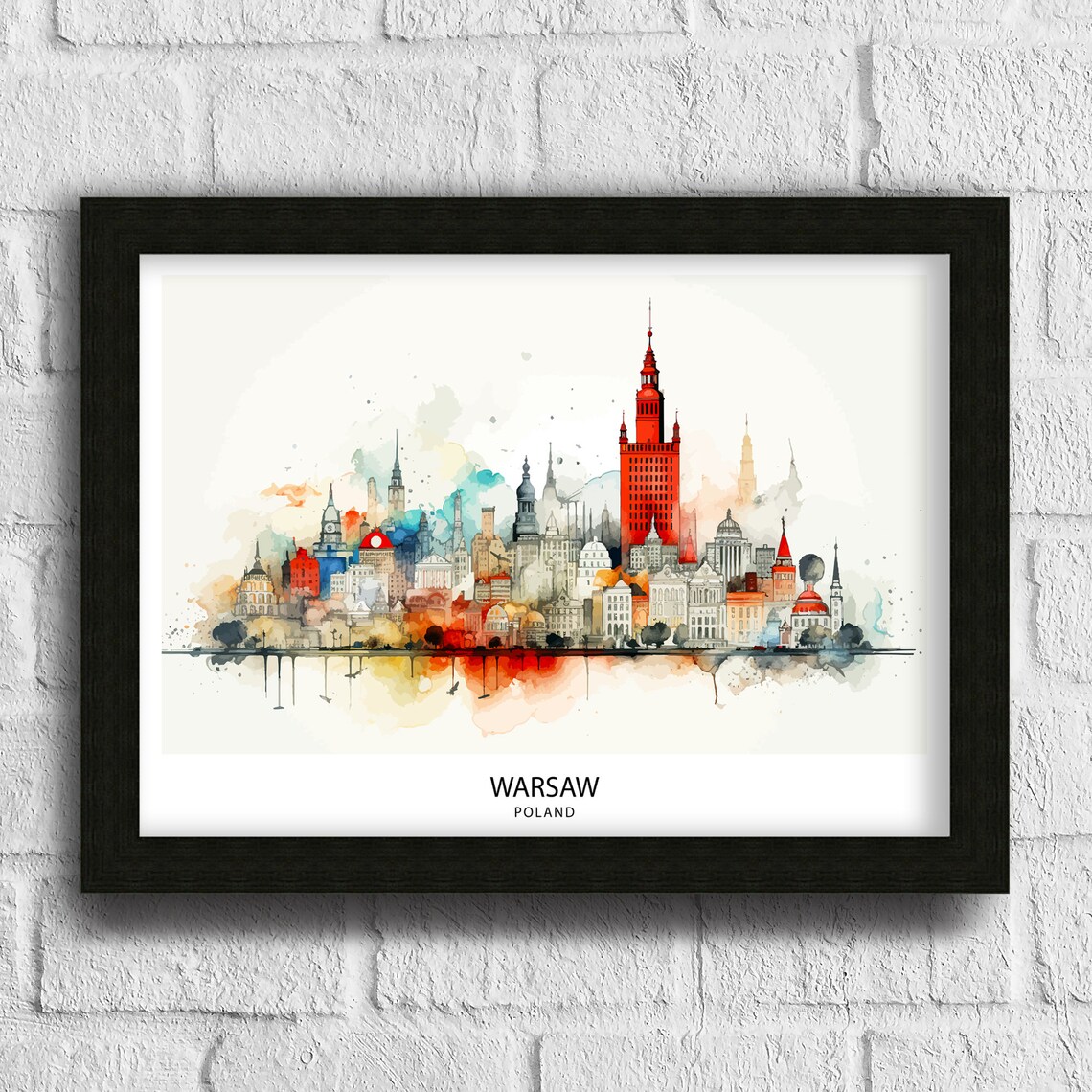 Warsaw Poland Watercolor Skyline Historic Old Town Europe Travel Poster - Image 3