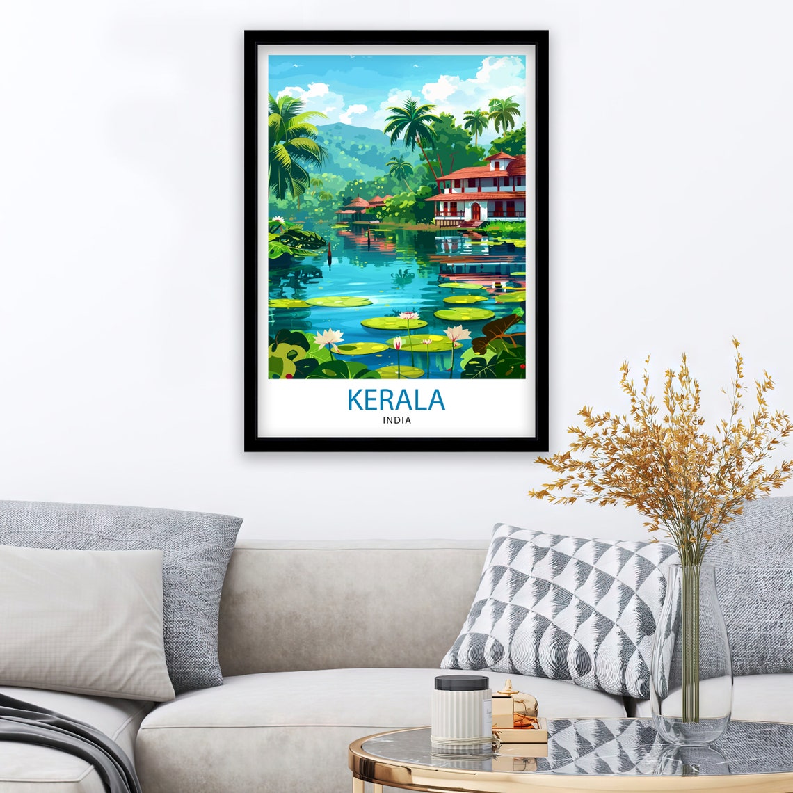 Kerala India Backwaters Palms Water Lilies Vintage Travel Poster - Image 2