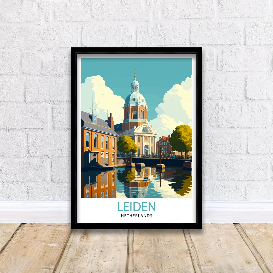 Leiden Netherlands Canal Church Dome Vintage Travel Poster Waterfront - Image 3