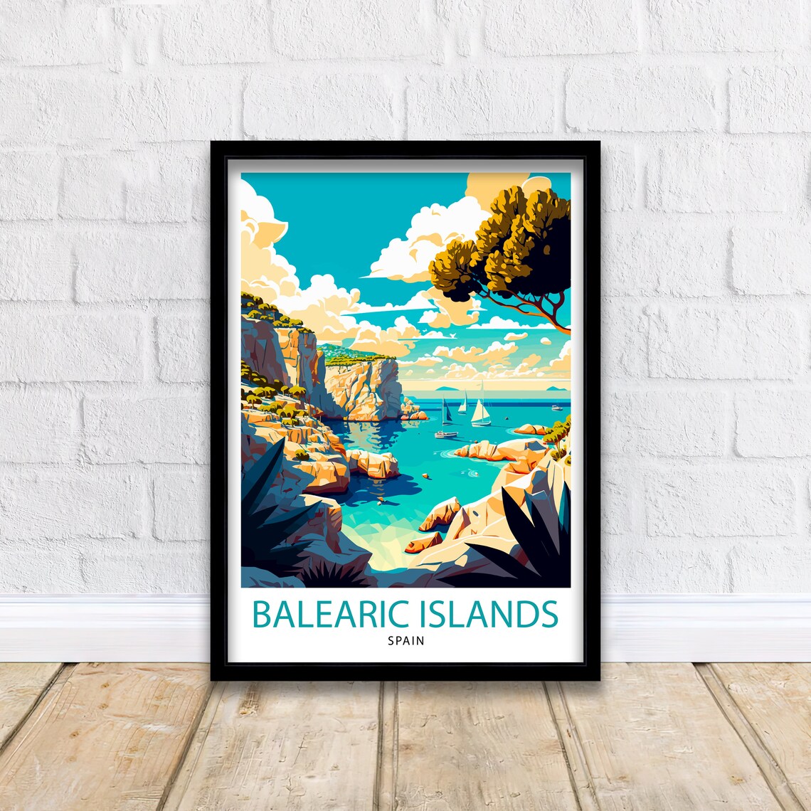 Balearic Islands Spain Rocky Cove Sailboats Retro Travel Poster - Image 2