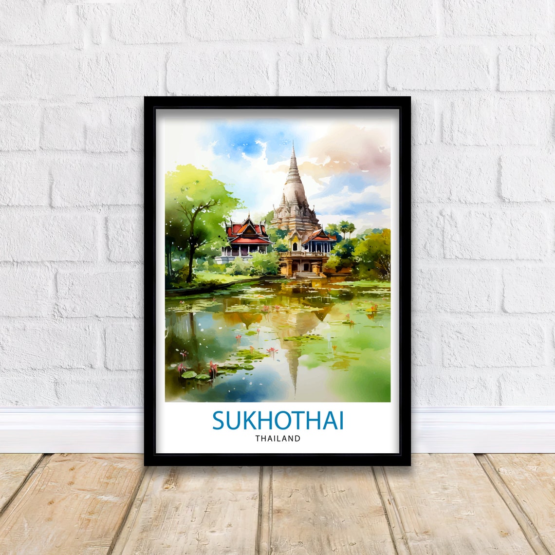 Sukhothai Thailand Temple Ruins Lotus Pond Watercolor Poster - Image 2
