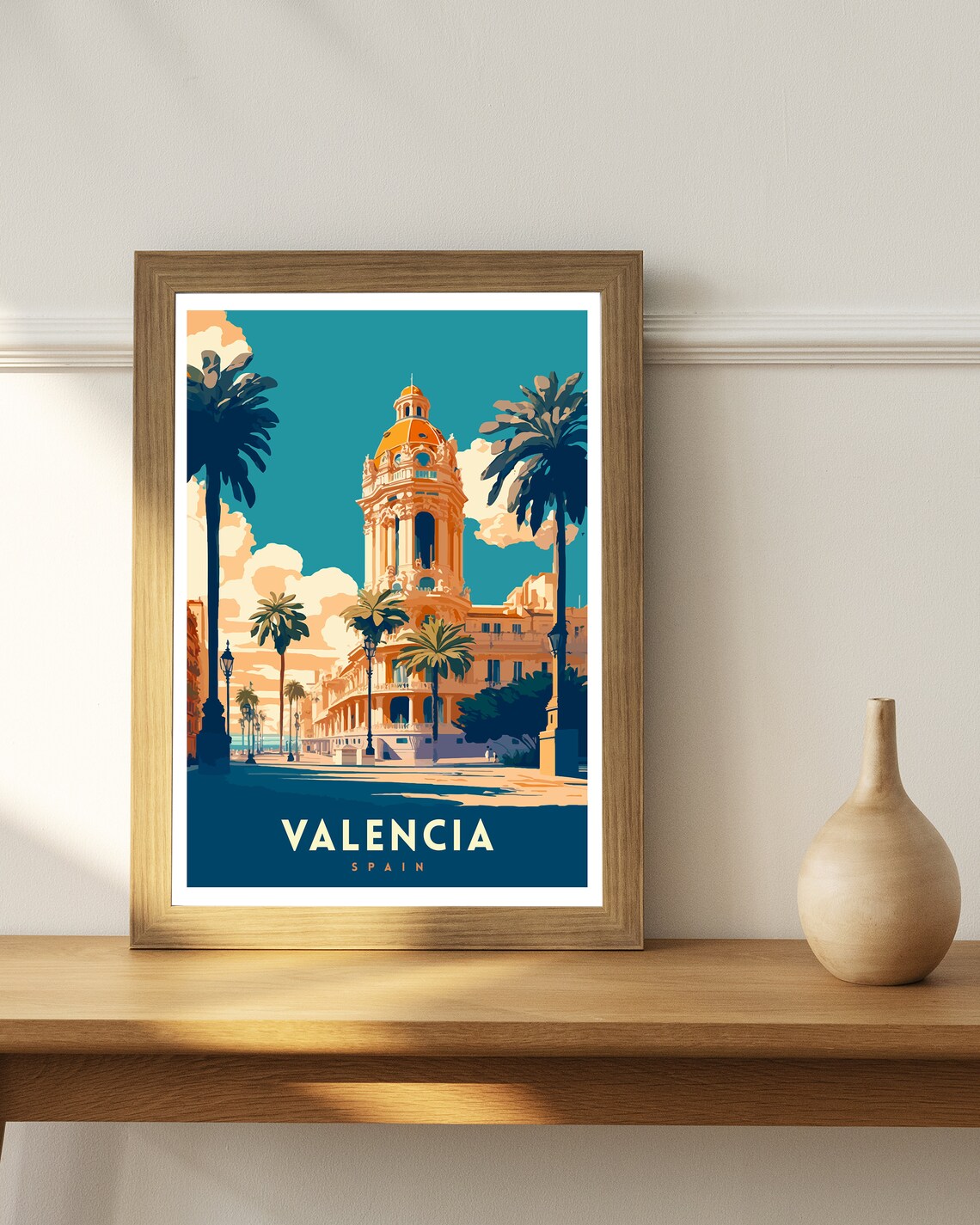 Valencia Spain Domed Palace Palm Avenue Orange Glow City Travel Poster - Image 2