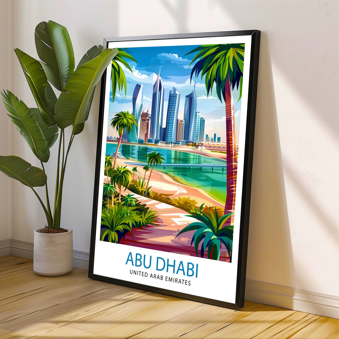 Abu Dhabi UAE City Skyline Beach Palm Trees Modern Travel Poster - Image 2