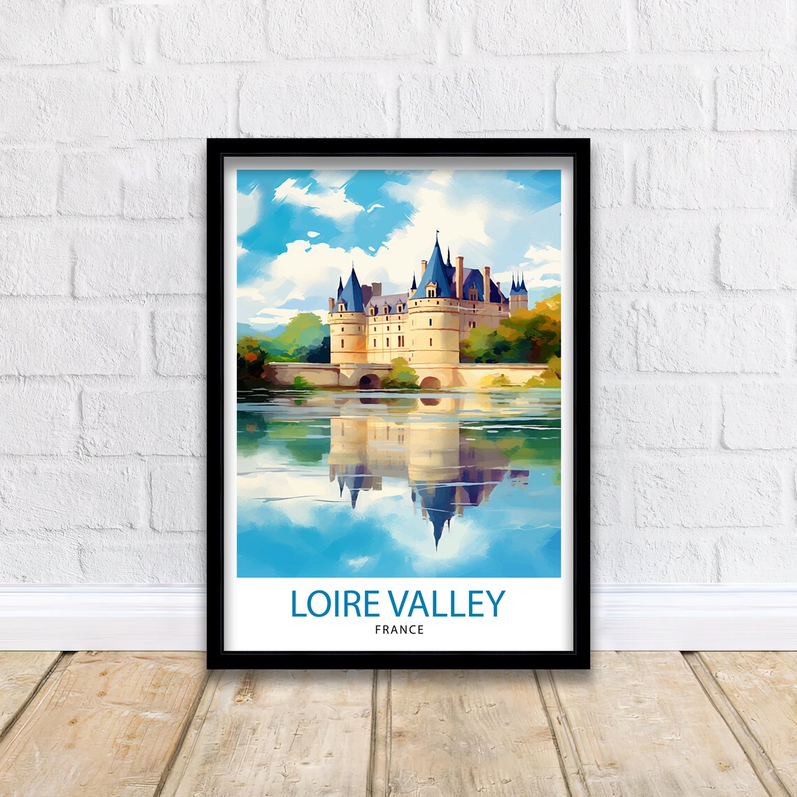 Loire Valley Chateau Mirrored River Watercolor France Poster - Image 2