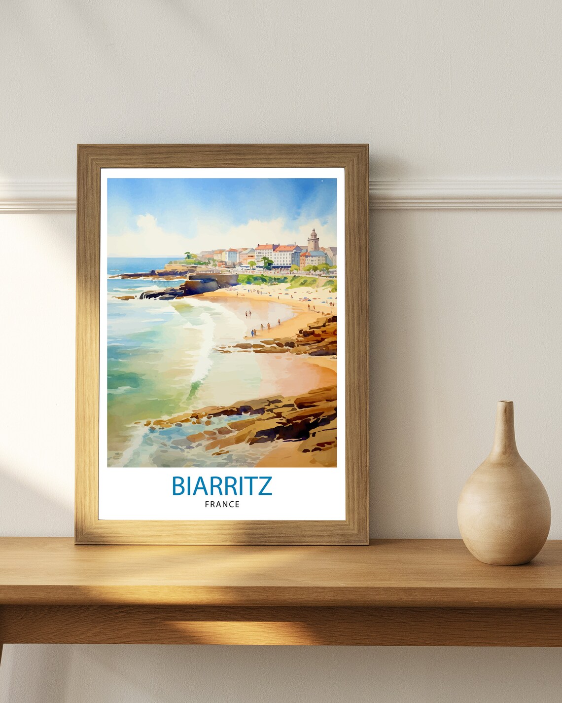 Biarritz France Watercolor Beach Cove Rocky Cliffs Town View Poster - Image 3