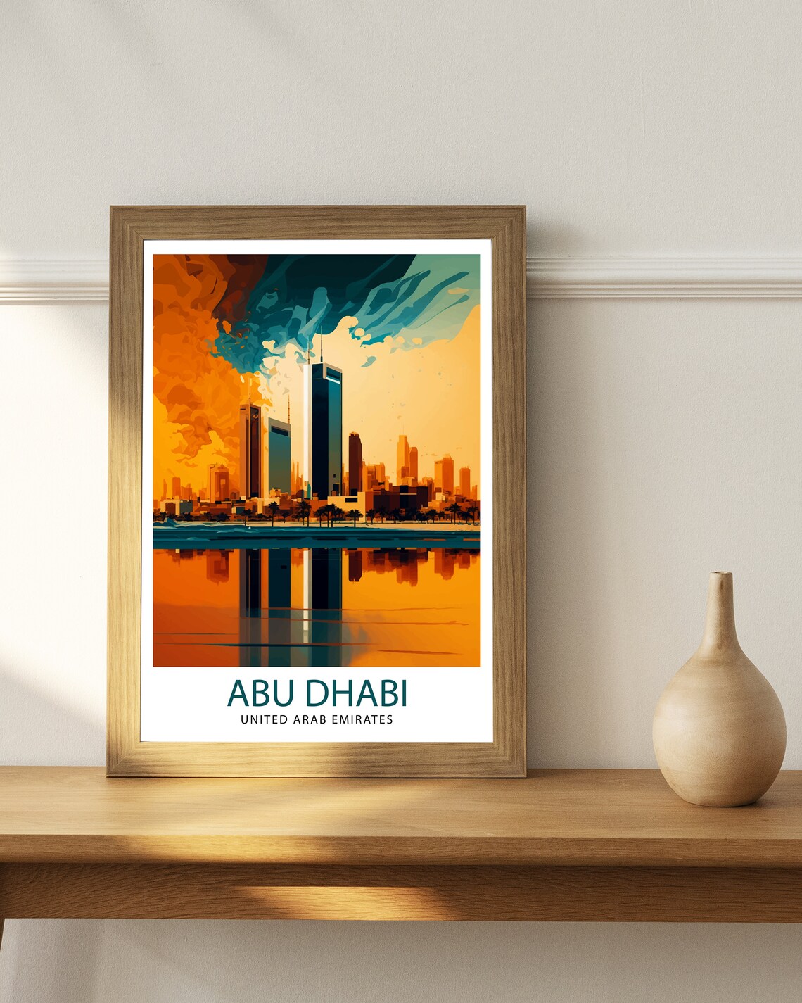 Abu Dhabi United Arab Emirates Sunset Skyline Reflection Travel Poster - Image 3