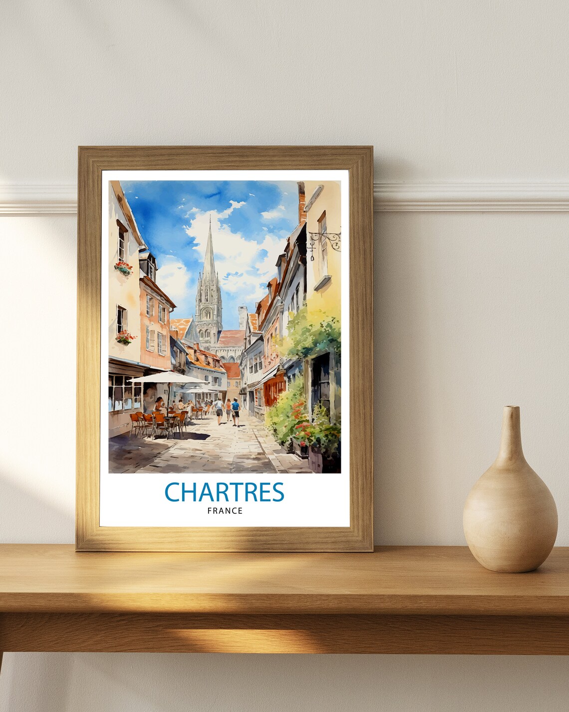 Chartres France Watercolor Street Cathedral Spire Old Town Poster - Image 3