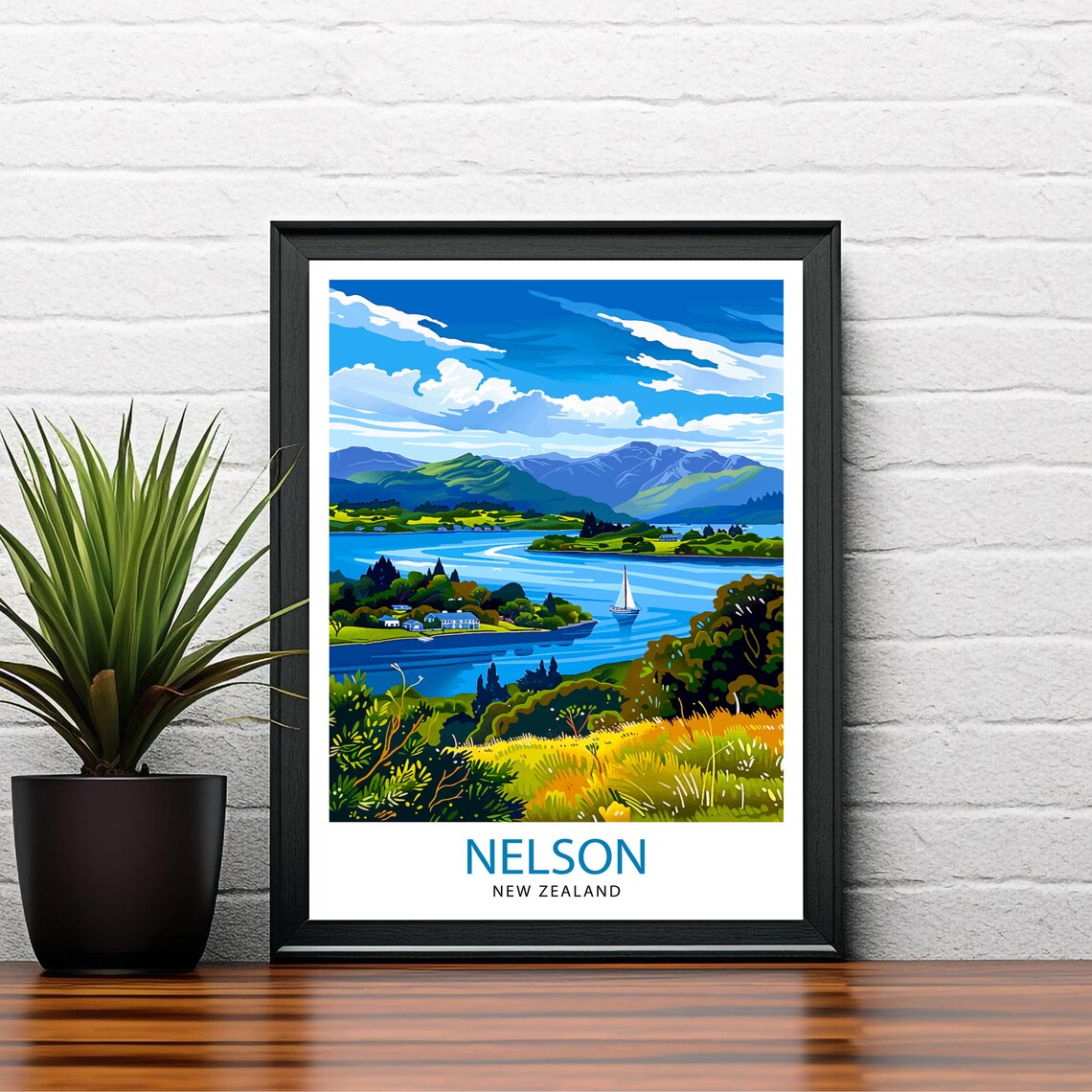 Nelson New Zealand Sailboat Lake Mountains Vintage Travel Poster - Image 2