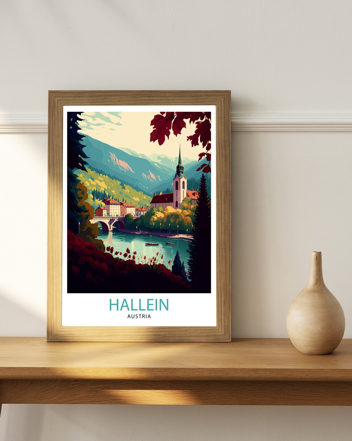 Hallein Austria Riverside Town Church Bridge Vintage Travel Poster - Image 3