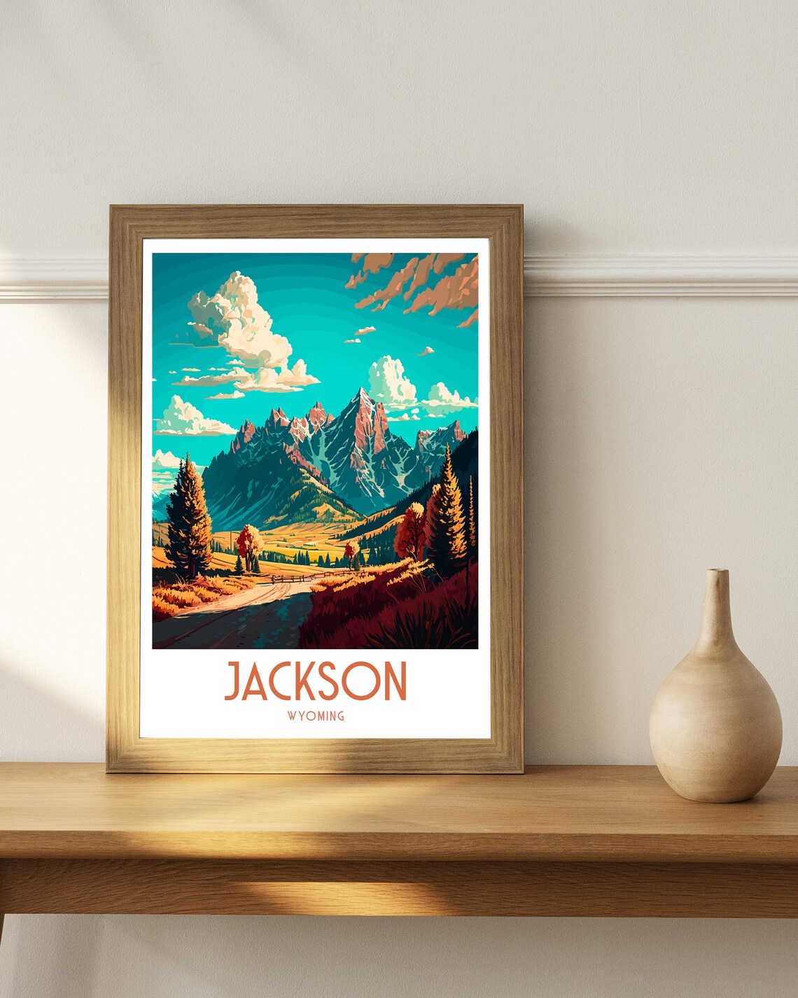 Jackson Wyoming Grand Teton Peaks Autumn Ranch Road Travel Poster - Image 3