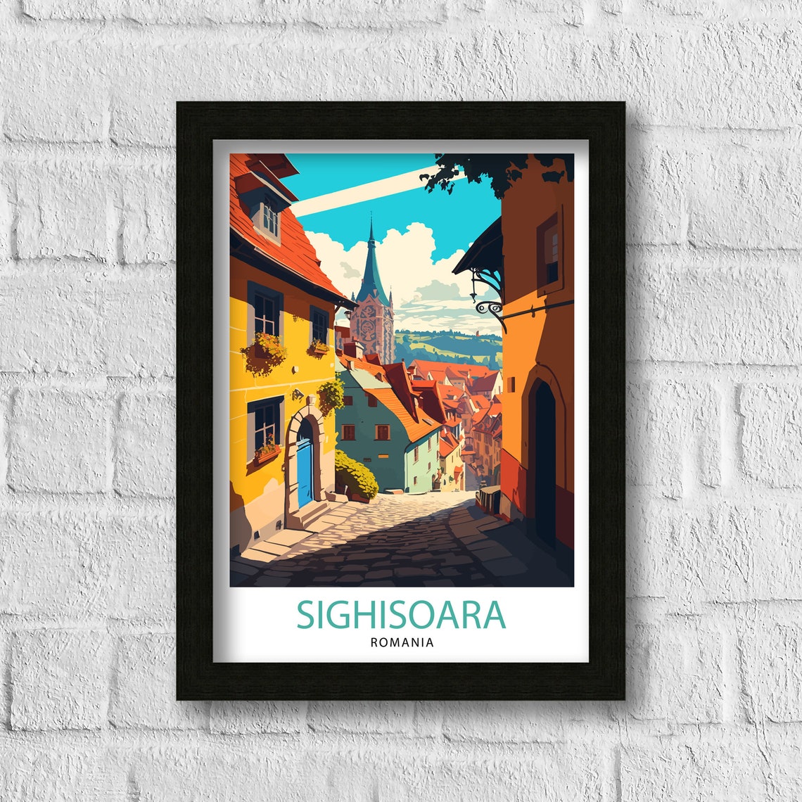 Sighisoara Romania Medieval Old Town Travel Poster Cobblestone Art