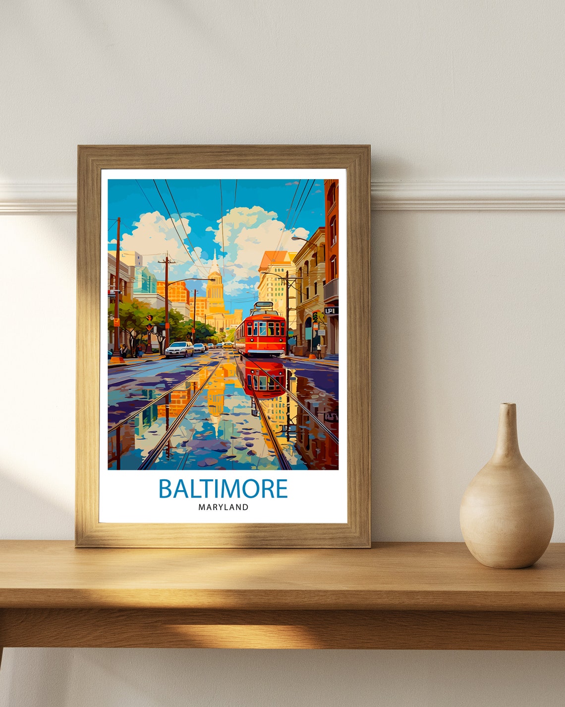Baltimore Maryland Red Streetcar City Reflections Travel Poster - Image 2