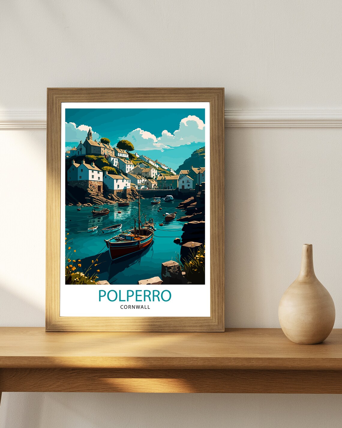 Polperro Cornwall Harbor Boats Fishing Village Teal Sea Poster - Image 3