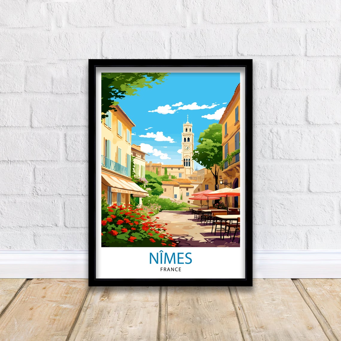 Nimes France Sunny Old Square Clock Tower Cafes Flowers Poster - Image 2