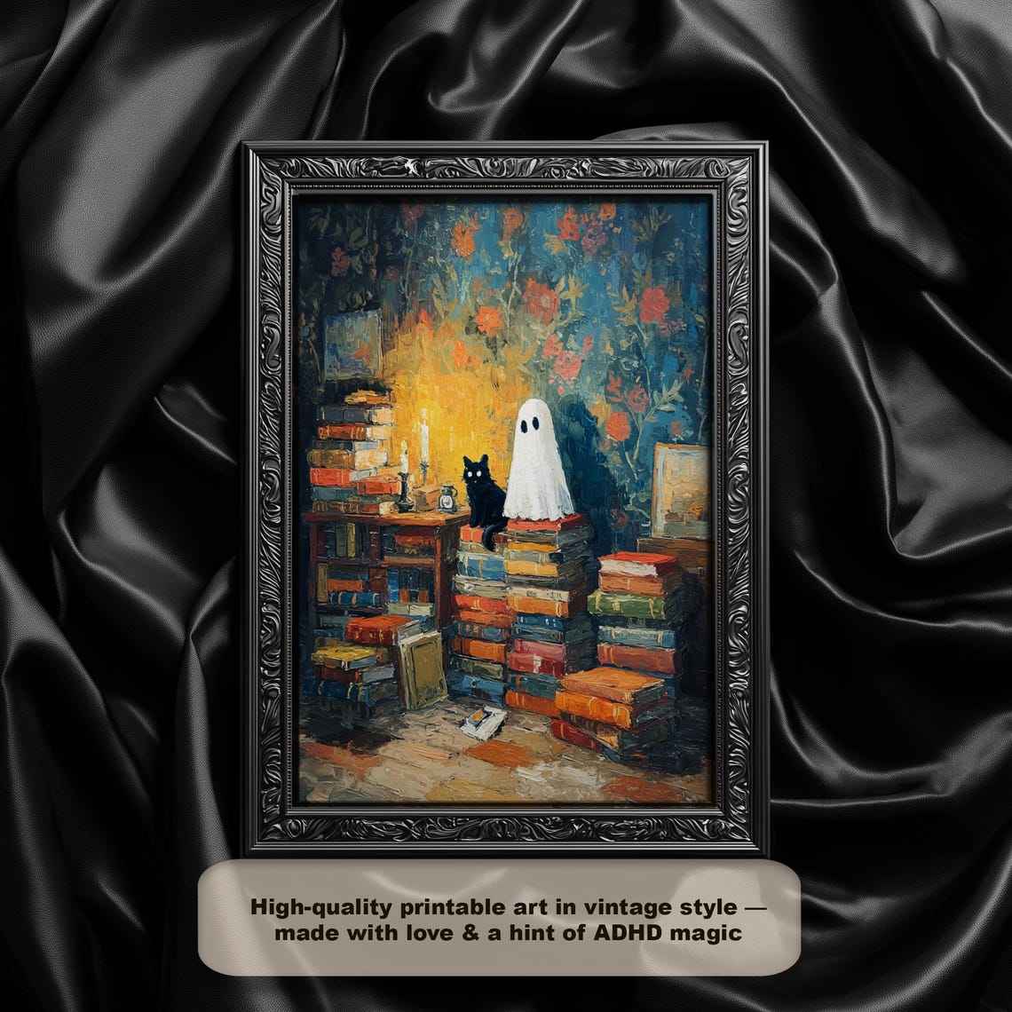 And Cat Library Print Dark Academia Halloween Decor