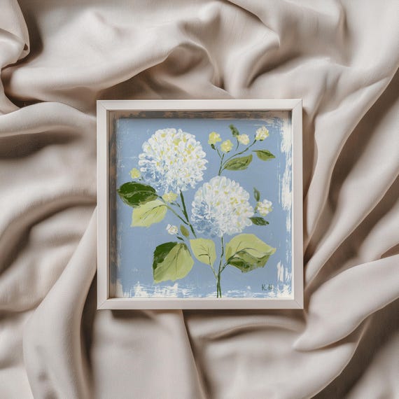 Elegant Blue Green Hydrangea Floral Wall Art Modern Botanical Print Chinoiserie Decor