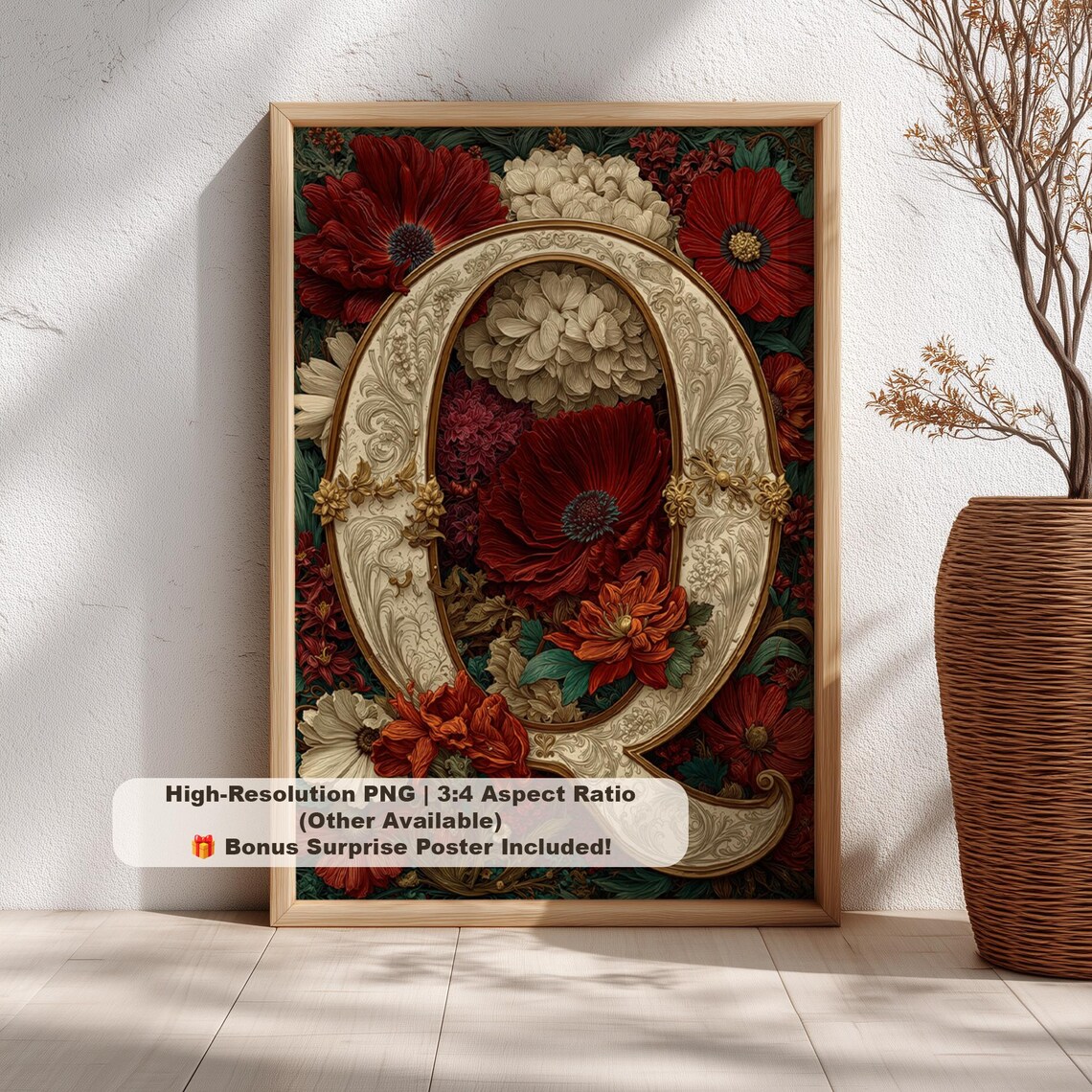 Ornate Gold Letter Q Deep Red Dahlia Blooms Dark Botanical Art Print