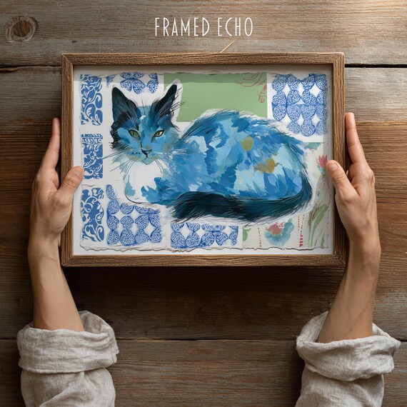 Blue Cat Collage Art Whimsical Feline With Mosaic Tile Pattern Poster