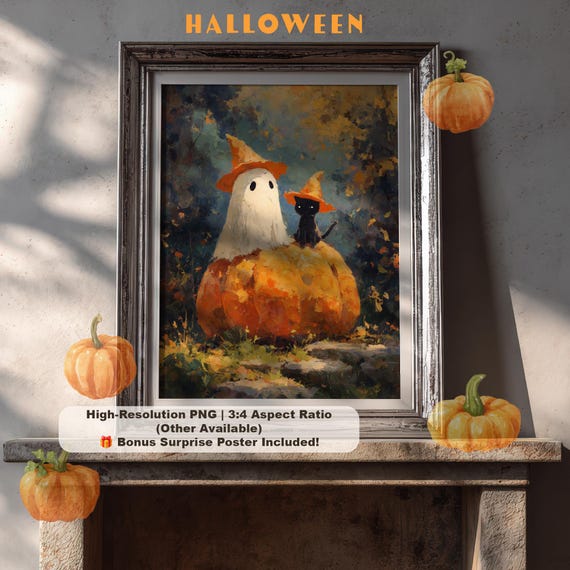 And Cat Halloween Art Print Whimsical Pumpkin Painting