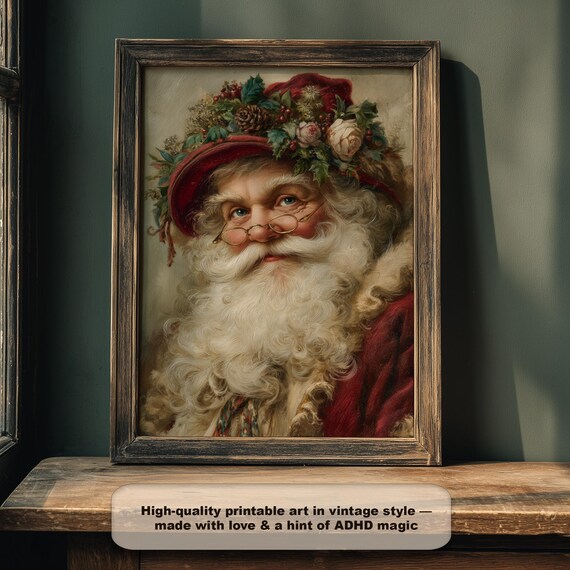 Jolly Santa Portrait With Floral Holiday Hat Vintage Style Poster