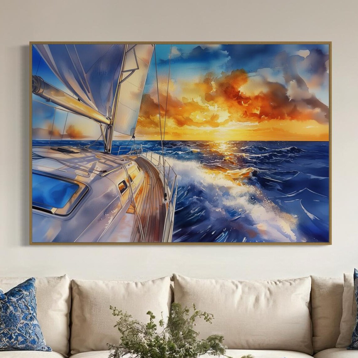 Sailboat Sunset Ocean Waves Dramatic Sky Nautical Coastal Art Poster