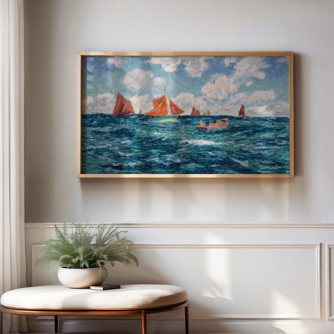 Red Sailed Boats Impressionist Seascape Coastal Painting Poster - Image 3