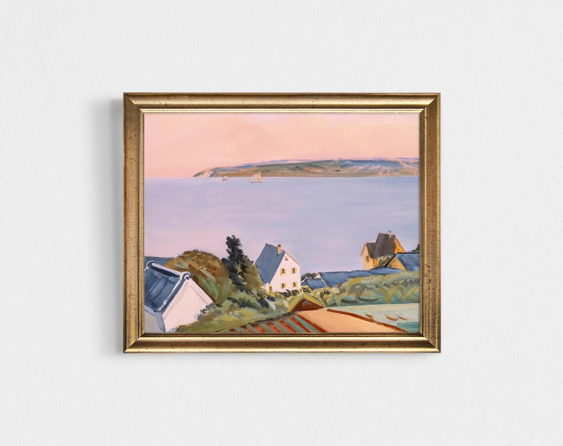 Coastal Village Bay at Sunset Pink Sky Seaside Town Art Poster - Image 4