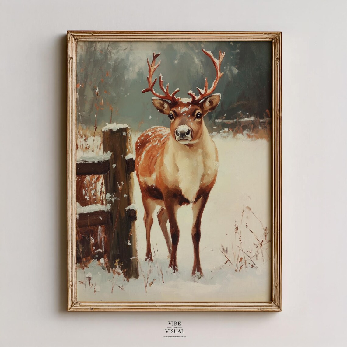 Calm Reindeer In Snowy Winter Meadow Pastel Painting Art Poster